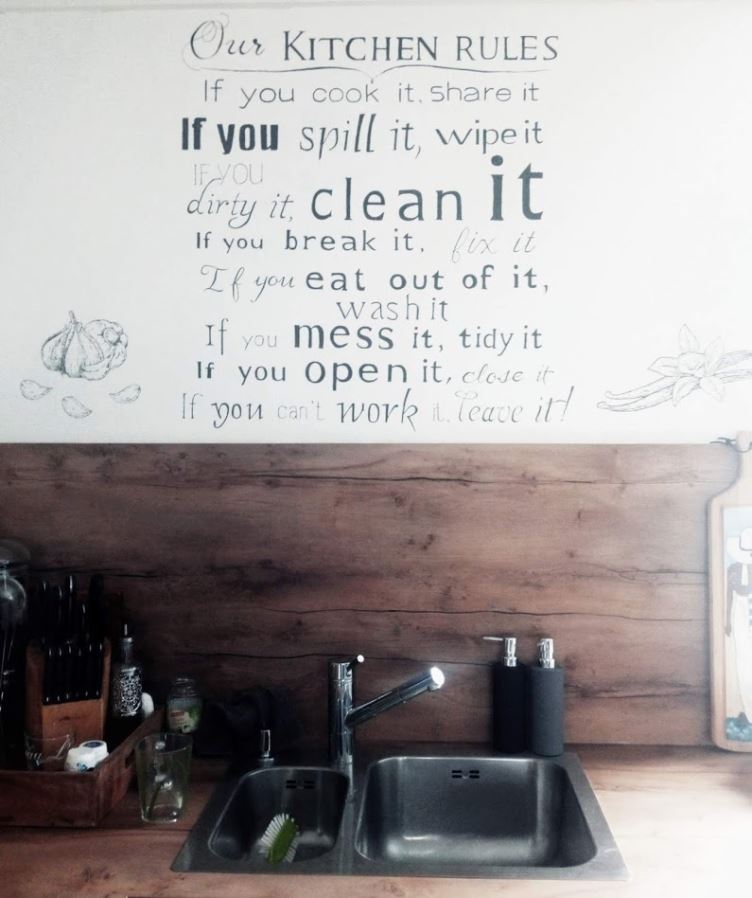 Keukentekst op de muur geschilderd met afbeelding